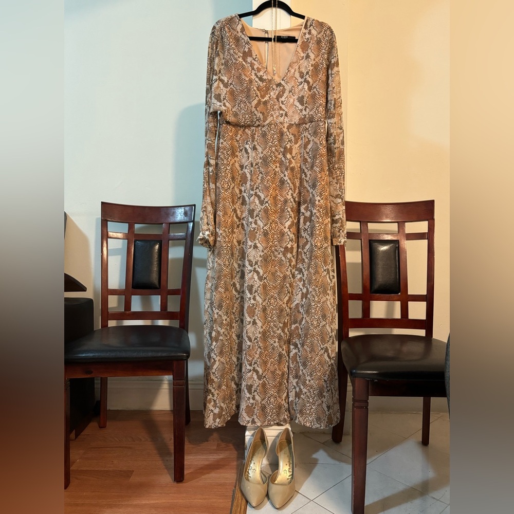 Guess Brown and Cream Snake Print Long Sleeve Dress